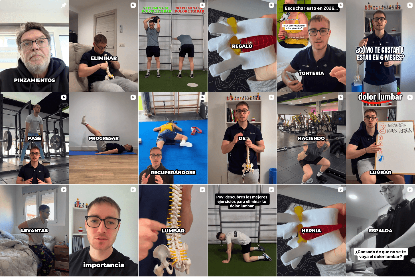 Mosaico de publicaciones de Juan Carlos Blasco sobre dolor lumbar, ejercicio y entrenamiento adaptado